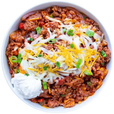 Beef chilli topped with cheddar and sour cream